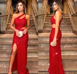 Röda Sequined Evening Dresses 2019 Sexig One Shoulder Split Holiday Wear Formell Party Prom Gowns Custom Made Plus Size