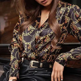 Bluz gömlek vintage zinciri baskı uzun kollu kadın üstler ve çapraz v yaka kadın gömlek moda kadın bluzes 2019