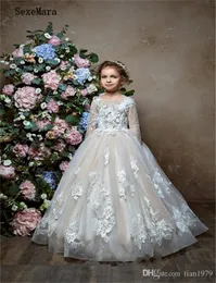 Çiçek Kız Elbise Dantel Aplikler Şeffaf Kız Pageant Elbise Boncuklu Custom Made Çocuklar Örgün Elbise Doğum