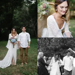 Country Bohemian Wedding Dresses V Neck Sexy Backless Sweep Train Simple Lace Wedding Dress Boho Custom Made Out Size Bridal Gown Front Slit