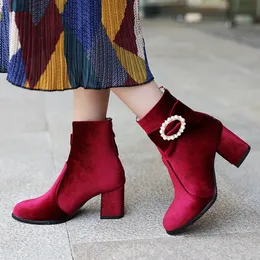 Duży mały rozmiar 32 do 42 do 48 fuksja bowtie aksamitna buty zimowe Chunky heel kostka bootie czarny różowy szary