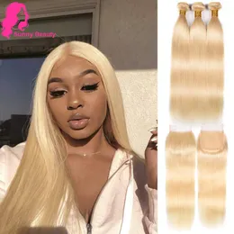 Sexig Hot 613 Platinum Blonda buntar 44 Lace Closure med 3 st Huma Hairs Blont Peruvian Rakt hår 3 Bundlar med stängningar i lager