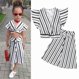 2 sztuk / partia Ins Baby Girls Suit Striped Outfits V-Neck Top + Dress Summer Fashion Boutique Kids Clothing Set