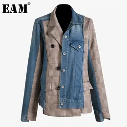 [eam] 2019 Nuovo Autunno Inverno Risvolto Manica lunga Blu Denim Plaid Split Joint Giacca allentata irregolare Cappotto donna Moda Marea Jt888 Y190827