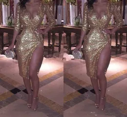 Deep V-Neck Sexy Gold Sequins Cocktail Dresses Short Sparkly Half Sleeves African Women Party Gowns With Slit Bodycorn Celebrity Dress