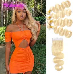 Peruvian Human Hair 4 Bundles With 4X4 Lace Closure 5 Pieces One Set Body Wave Hair Extensions With Closures Blonde 613# Color Yirubeauty