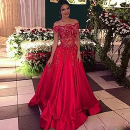 Sparkle Sequins Beaded Prom Gowns 2019 A-line Boat Neck Off Shoulder Formal Dress Women Long Red Party Gowns Satin