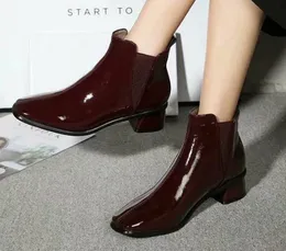 Hot Sale-New Womens Slip On Motorcycle Square Heel Snow Winter Ankle Martin Patent Leather Booties SZ35-39