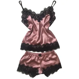 Fashion-Women's Sleepwear Sexy Satin Set Black Lace V-Neck Piżamy Bez rękawów Cute Cami Top and Shorts