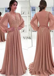 2019 Champagne Abiti per la madre della sposa Manica lunga Scollo a V Illusion Corpetto Chiffon Appliques Sash Abiti da sera per donna Plus Size