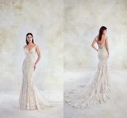 Nowe spaghetti Paski Pełna Koronkowa Syrenka Suknie Ślubne Aplikacja Backless Sweep Pociąg Suknie Ślubne Suknie Ślubne Vestidos De Novia Sirena