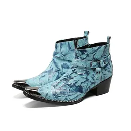 Schuh echter Designer Winter Ledermuster Knöchel Blue Metal Square Toe Cowboy High Heel Party formelle Männer Boots 8823