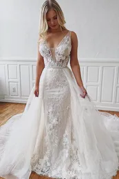 Sexy Elegant Mermiad Wedding Dresses With Detachable Train Deep V Neck Beach Plus Size Wedding Dress Bridal Gown Vestidos De Noiva