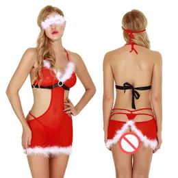 Kvinnor Backless Christmas Holiday Sexig Festlig Underkläder Set Vit Fuzzy Trim Teddy Med Strappy Babydoll Kjol och En Panty Plus Eye Mask