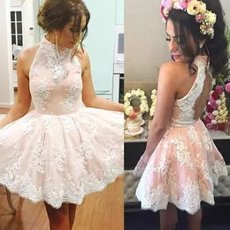 Charming Pink Hollow Back Short Homecoming Dresses Arabic High Neck Applique Bridesmaid Short Prom Dress Cocktail Party Club Wear Graduation