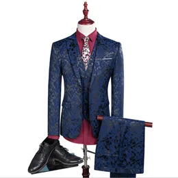 新しいデザイン花柄新郎結婚式タキシード人気のメンズノッチ襟の男のジャケットブレザーファッションプロムディナー3ピーススーツ