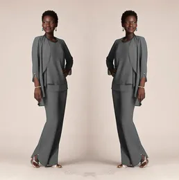 Hot Chiffon Mother of Bride Groom Pant Suits Three Pieces Gray Loose Mother Formal Wear Suits with Long Sleeves Jackets