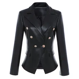 Hoogwaardige nieuwe ontwerper Women Leather Blazers Lion Head -knop Dubbele borsten Pak Jacket Vrouw Slim Office Business Blazer Coat A289