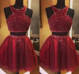 Dark Red 2 Piece Homecoming Dresses Beaded Sequins Halter Backless Short Prom Dress Graduation Dress 8th Grade Cheap Party Gowns