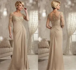 Champagne Mother of The Bride Dresses Plus Size 2023 Chiffon Half Sleeves Groom Godmother Evening Dress For Wedding New Beaded Lac239W