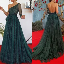 Glänzende arabische Dubai Langarm Kleider Kleider eine Schulter Rückenfreie bodenlange sexy Prom Party roter Teppich -Promi -Kleider Vestido de Festa