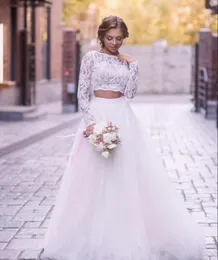 2019 New Beach Wedding Dresses crew Long Sleeves Lace Bride Gowns two Pieces Princess applique Boho robes de mariée With Tulle Bridal Dress