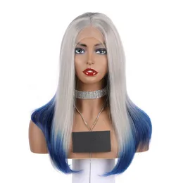 Ombre Krótkie Proste Włosy Syntetyczne Koronki Przodu Peruki Damskie Bob Style Wig Cosplay Odporna na ciepło Syntetyczna Blue Wig