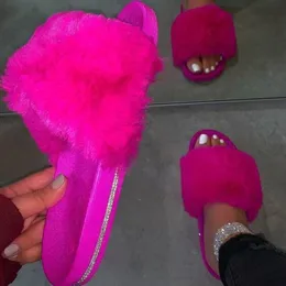 Women 2020 Spring Indoor Home Furry Slippers Warm Casual With Crystal Slippers Outdoor Wild Non-slip Color