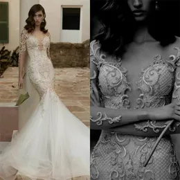 Luxury Mermaid Bröllopsklänningar Sweetheart Långärmad Apliqued Lace Beaded Sequins Bridal Dress Ruched Sweep Train Vestidos de Novia