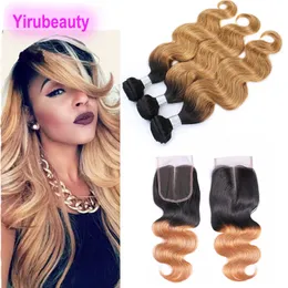 Peruwiańskie Virgin Hair Fave Fave z końcami koronki 4x4 4 sztuki/działki ludzkie przedłużenia włosów wątki z zamknięciem 1b/27 podwójny kolor 1b 27