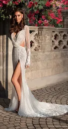 Elihav Sasson Mermaid Wedding Dresses Thigh High Split vネックレースビーズ長袖ビーチウェディングドレスセクシーな自由ho放に