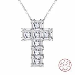 Brand 100% Real Sterling Silver Pendant & Necklace For Women 5a CZ Prong Setting Cross Shape Male Fine 925 Jewelry
