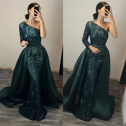 2020 One Shoulder Prom Dresses With Detachable Train Sequined Appliques Long Sleeves Mermaid Evening Gowns Overskirts African Party Vestido