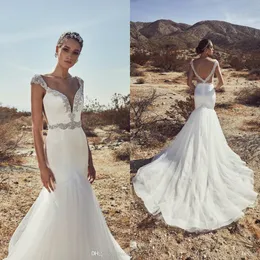 Calla Blanche 2020 Mermaid Wedding Dresses V Neck Satin Bridal Gowns Sleeveless Backless Crystal Beach Boho Wedding Dress Custom