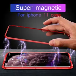 Luxury Magnetic Attraction Metal Frame Case For iphone 11 Pro Max 9H Tempered Glass Back Cover Anti-fall Shell For iphone xr xs