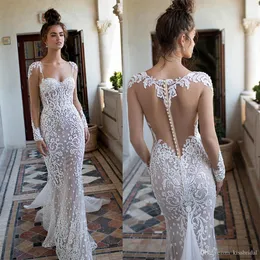Białe berta seksowne sukienki syrena kochanie długie rękawy koronkowe aplikacje Perły Sieć pociąg ślubny suknia ślubna