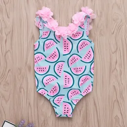 INS Girls Swimwear Watermelon Printed Baby Girls Swimsuit One Piece Petal Lace Baby Swimming Bikini Beach Kids Clothes DHW3508