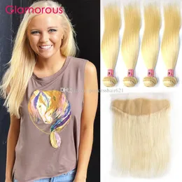 Glamorous Blonde Human Hair with Lace Frontal Closure Brazilian Malaysian Indian Peruvian 13x4 Ear to Ear Blonde Hair Frontal with 4 Bundles