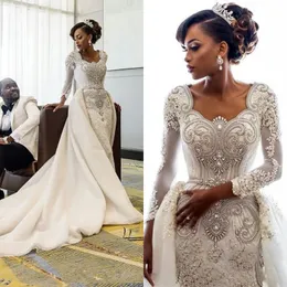 Afrykańskie długie rękawy koronkowe sukienki ślubne syreny szufladowe koronkowe aplikacje Kryształki nad spódnicami pociąg ślubny ślubne suknie ślubne