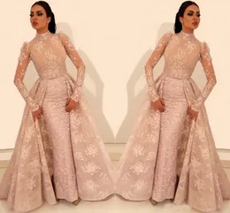 Árabe saudita manga longa gola alta renda vestidos de noite apliques frisados oriente médio vestidos de baile