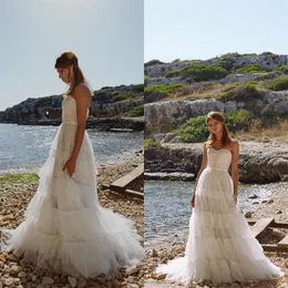 Seksowne bez ramiączek Boho Linii Suknie Ślubne Bez Rękawów Appliqued Lace Losed Wedding Gown Backless Beach Custom Made Vestidos de Novia