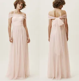 2019 Bhldnの花嫁介添人のドレスストラップレスチュールノースリーブの床の長さの薄いピンクのフォーマルな機会ガウン安い夕方のウエディングドレス