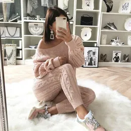 Plus size Winter Women sweater suit 2 piece set tracksuit pullover sweater top+woollen underpants casual solid color sweater suits 2130