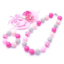 Gullig rosa färg halsbandbräda huvudband 3pcs set födelsedagsfest gåva toddlers tjejer bubblegum baby kid chunky halsband smycken