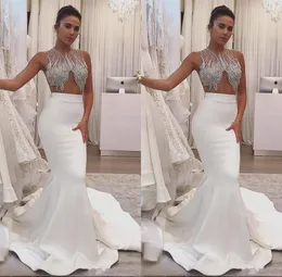 New Hot Sexy Mermaid Prom Dresses Illusion Neck Crystal Beading Backless White Satin Evening Dress Wear Party Pageant Formal Gowns