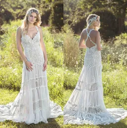 Brautkleider im Meerjungfrau-Stil mit voller Spitze und V-Ausschnitt, applizierte Brautkleider im böhmischen Landhausstil, Sweep-Zug-Hochzeitskleid