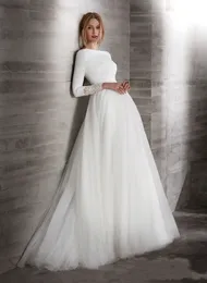 A-Line Crepe Tulle Modest Bröllopsklänningar med långa ärmar Båthalsäckta Tillbaka Enkelt land Modest Brdial-klänningar LDS Bröllopsklänning
