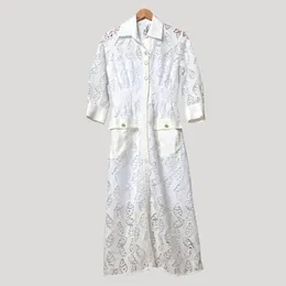 2020 Spring Summer 4/5 Sleeve Lapel Neck White Floral Print Embroidery Buttons Mid-Calf Dress Women Fashion Dresses W1815068