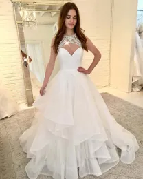 Crystal Sheer Neck Princess Wedding Gowns 2019 Ruffled Tulle Draped Puffy Bride Dresses Plus Size A-line Boho Wedding Dress