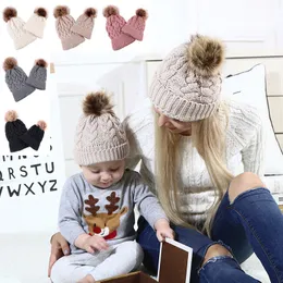 2019 vinter varm mamma baby hattar mor dotter stickade kepsar pojkar flicka päls boll förälder-barn hatt stickad beanie cap